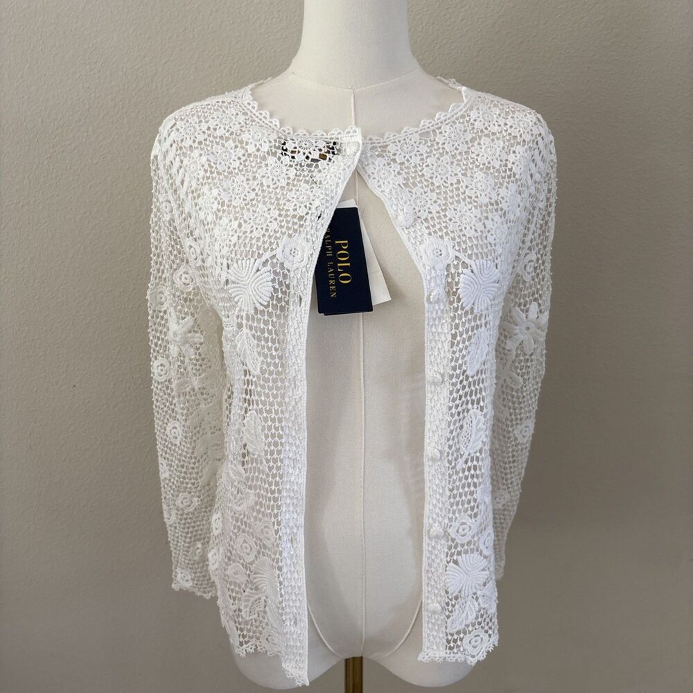 Polo Ralph Lauren White Crochet Lace Open Front Cardigan Sweater Size S New